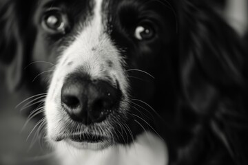 A close-up, black and white photo capturing the face of a dog. Suitable for various uses