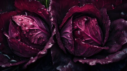 Obraz premium Fresh red cabbages with water splashes and drops on black background