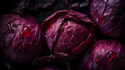 Fresh red cabbages with water splashes and drops on black background