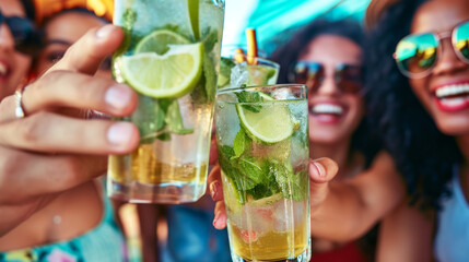 close-up friends enjoying happy hour toasting fresh mojito cocktails at open bar 