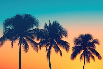 Fototapeta na wymiar Three palm trees standing tall and casting dark shadows against a vibrant sunset sky. Perfect for tropical vacation destinations or nature-themed designs