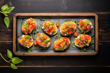 top view of tomato and basil bruschetta arranged on a rustic metal tray