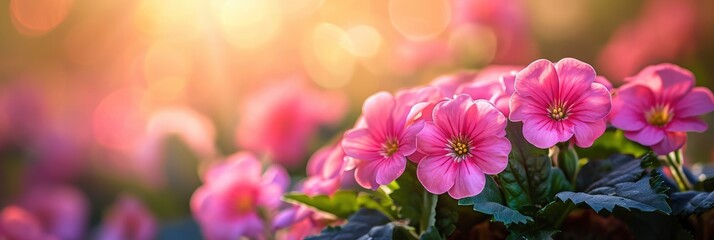 Fototapeta na wymiar Primrose Primula Vulgaris Pink Country Garden, Banner Image For Website, Background, Desktop Wallpaper