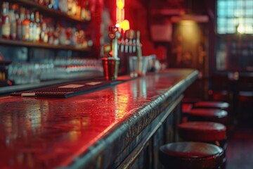 A picture of a bar with a row of stools. Can be used to depict a pub, nightlife, socializing, or a trendy hangout spot