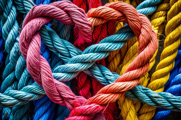 A group of colorful ropes connected together to form a love heart shape
