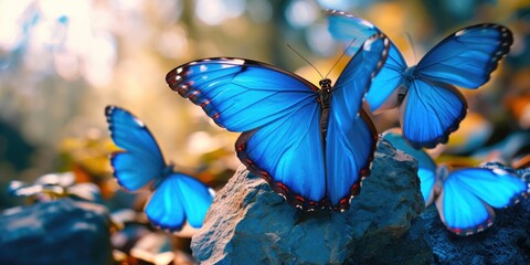 A group of blue butterflies perched on a rock. Suitable for nature-themed designs and publications
