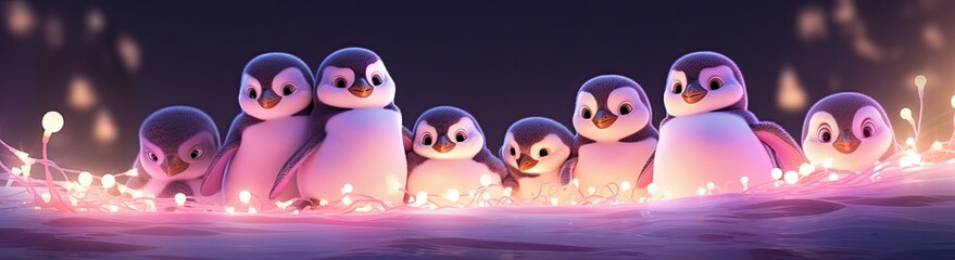 Adorable penguin chicks lined up in unity, exuding cuteness, accompanied by festive party lights. - obrazy, fototapety, plakaty