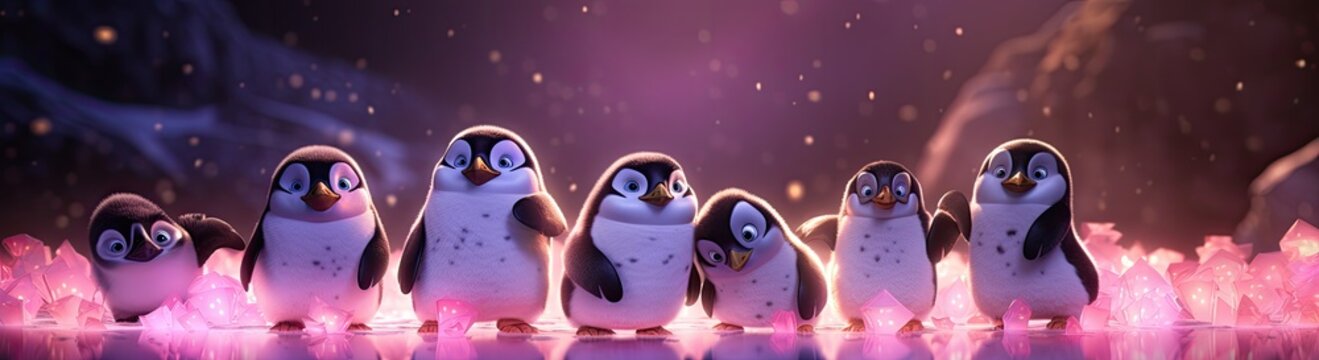 Adorable penguin chicks lined up in unity, exuding cuteness, accompanied by festive party lights.