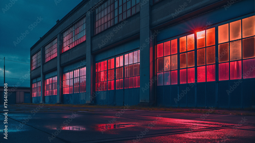 Wall mural exterior of big warehouse with windows at night