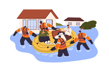 Rescuers team saves people from flood. Rescued group floating on safety boat. Natural disaster, storm, typhoon: city under water, flooded houses. Flat isolated vector illustration on white background