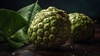 Obraz premium Fresh soursop with water splashes and drops on black background