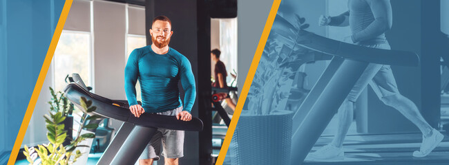 International Day of Sport. A young bearded athletic man posing on a treadmill. Banner of fitness...