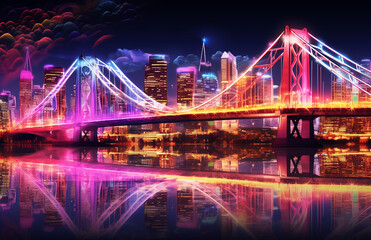 colorful city skyline and skyline with rainbow bridges and lights