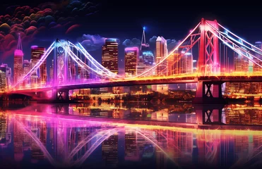 Photo sur Aluminium Rotterdam colorful city skyline and skyline with rainbow bridges and lights