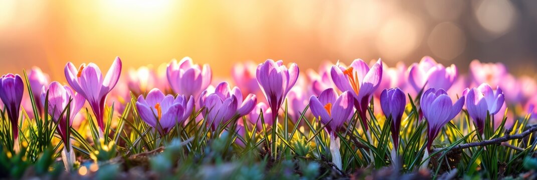 Spring Awakening Blossoming Pink Crocuses, Banner Image For Website, Background, Desktop Wallpaper
