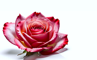 A beautiful pink rose with some water drops on it on a white background