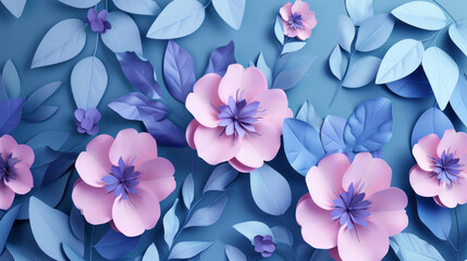 3d abstract background with paper flowers and leaves, floral botanical wallpaper