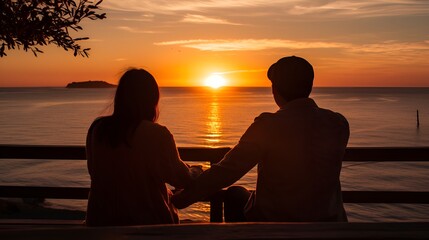 Fototapeta na wymiar Lovers, Holding hands while watching a scenic sunset , lovers, holding hands, scenic sunset