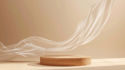 3D display podium, brown background with wood frame pedestal and flying silk cloth curtain. Beauty, cosmetic product presentation stand. Luxury feminine mockup 3d