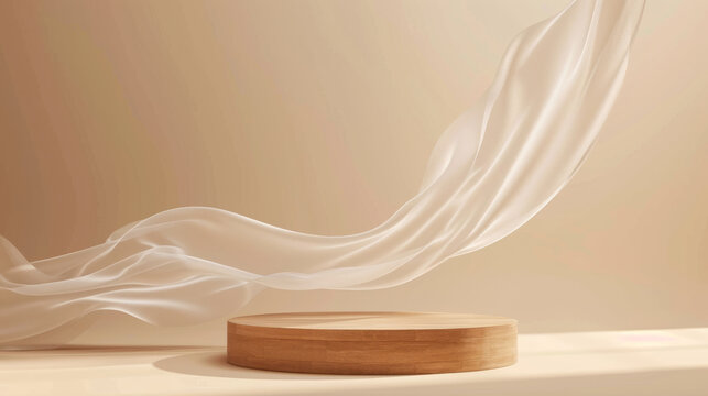 3D display podium, brown background with wood frame pedestal and flying silk cloth curtain. Beauty, cosmetic product presentation stand. Luxury feminine mockup 3d