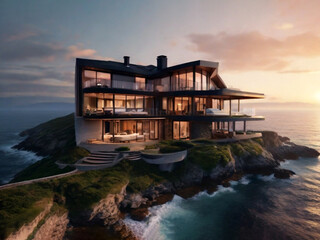 Luxury house on a cliff at sunset. 3d rendering. Created using generative AI tools
