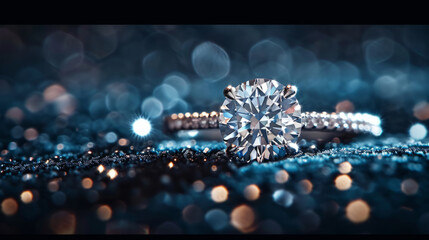 Ring with diamonds on black background with blurry bokeh light - obrazy, fototapety, plakaty