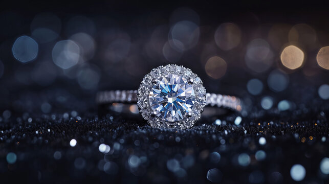 A stunning close-up shot of a diamond ring sparkling brilliantly against a plush, dark velvet backdrop. The image perfectly captures the radiance and luxury associated with high-end jewelry.