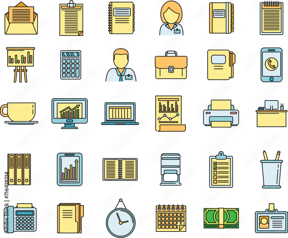 Poster office manager plan icons set. outline set of office manager plan vector icons thin line color flat 