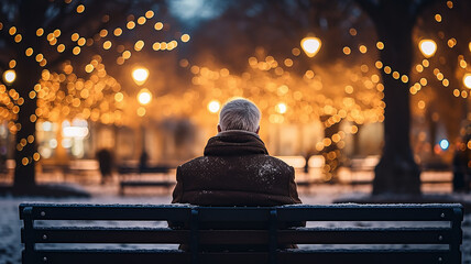lonely old man on a bench in the city winter park, Christmas Eve snowfall, New Year's background - obrazy, fototapety, plakaty