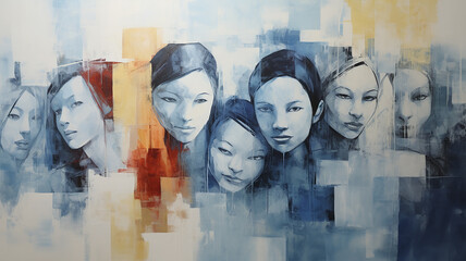 portrait of a group of people of Asian appearance, oriental style, art work impressionism painting, white and blue shade