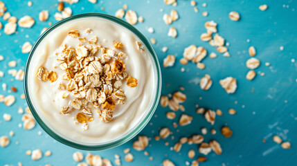 From above yoghurt served with dried oats on blue background