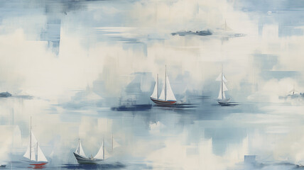 sailboat ship vintage at sea, art work painting in impressionism style, light backdrop white and blue shade design