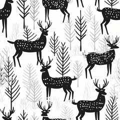 Hand Drawn Christmas Deer, A Pattern Of Black And White Deer And Trees