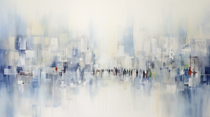 city, crowd of people on the street, art work painting in impressionism style, light background white and blue shade design