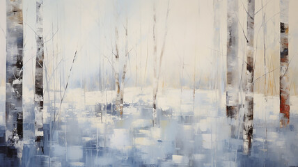 background winter birch forest, abstract expression of tree trunks oil painting paint - obrazy, fototapety, plakaty