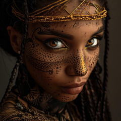 Beautiful african tribe woman, tribal markings, very detailed eye and iris, rasta hair, she is...
