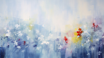 art abstraction impressionism painting background flowers, white and blue light background copy space, spring backdrop