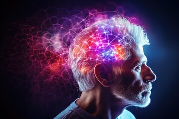 Obraz premium Aging brain vibrant puzzle, jigsaw of ideation thoughts. Mental artistry, painted pastels flaming hues, playful humorous brain design. Visualization rainbow hued brilliance tapestry, radiating mind
