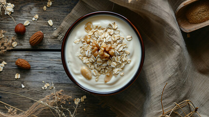 From above yoghurt served with oats and dried nuts