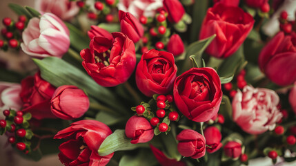 Big bouquet in red with roses and tulips for feelings of love. Romantic background for valentins day ore mothers day.