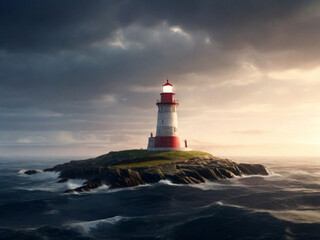Lighthouse in the ocean at sunset, 3d render illustration. Beautiful seascape. Created using generative AI tools