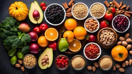 Vibrant health food assortment for fitness: fruits, vegetables, pulses, herbs, spices, nuts, grains.