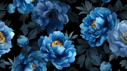 Blue flowers peonies and leaves on black background. Floral summer seamless pattern - obrazy, fototapety, plakaty