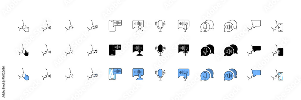 Poster speech buttons icon set. linear, silhouette and flat style. vector icons