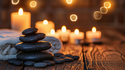 Candles and black hot stone on wooden background. Hot stone massage setting lit by candles. Massage therapy for one person with candle light. Beauty spa treatment and relax concept