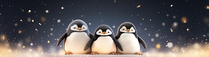 A charming scene of penguin chicks standing together, irresistibly cute, amidst twinkling party lights.