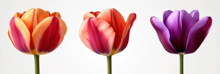 Three Tulip Flowers Isolated On White, Banner Image For Website, Background, Desktop Wallpaper