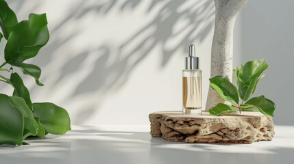 Composition with bottle of cosmetic product, tree bark and plant leaves on light background - obrazy, fototapety, plakaty