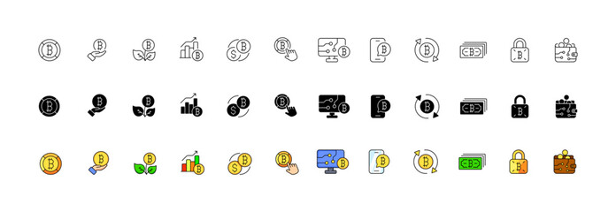 Cryptocurrency icon set. Linear, silhouette and flat style. Vector icons