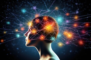 Aging brain vibrant puzzle, jigsaw of ideation thoughts. Mental artistry, painted pastels flaming hues, playful humorous brain design. Visualization rainbow hued brilliance tapestry, radiating mind